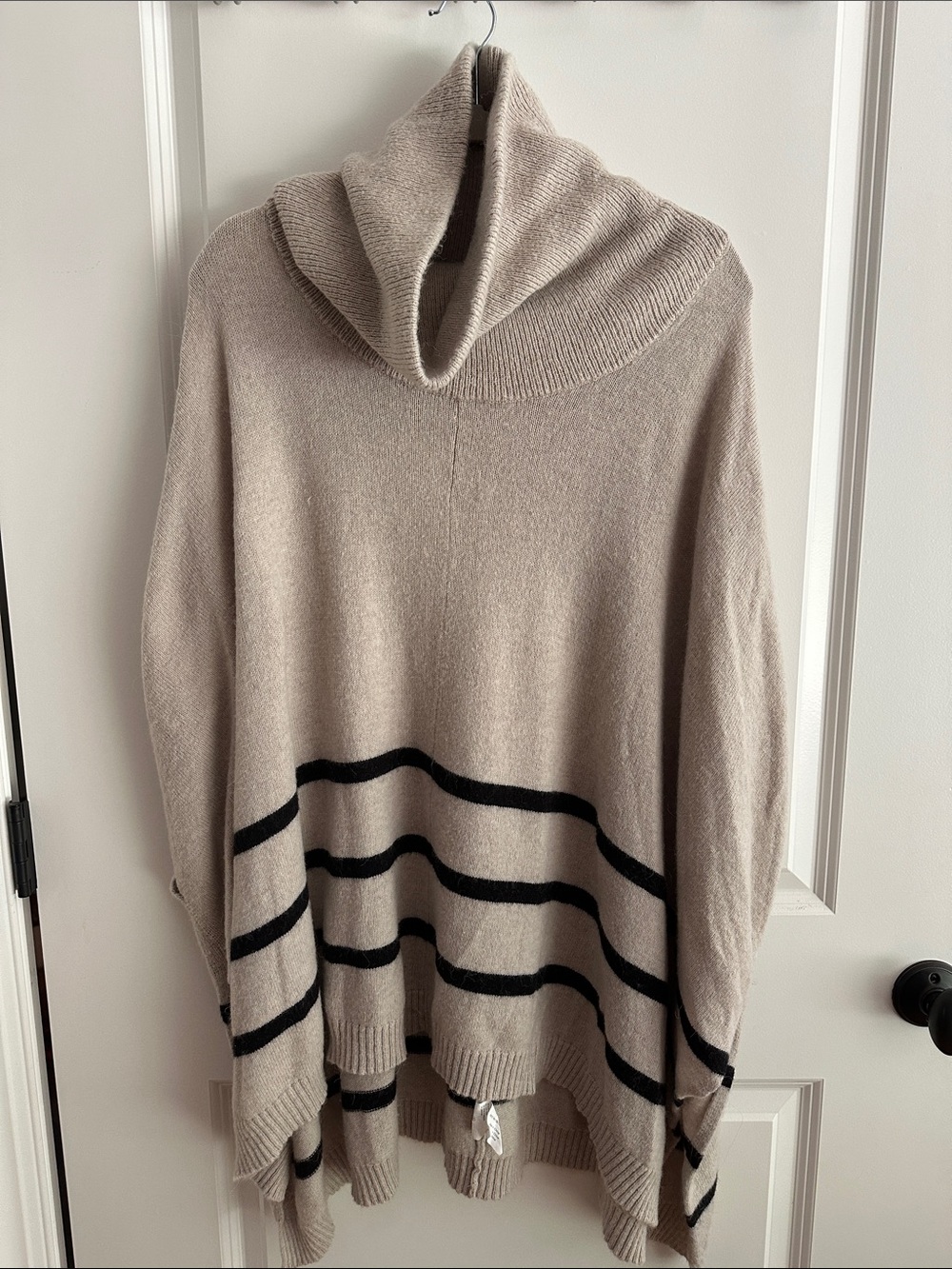 A Pea in the Pod Beige and Black Striped Cowl Neck Sweater Poncho